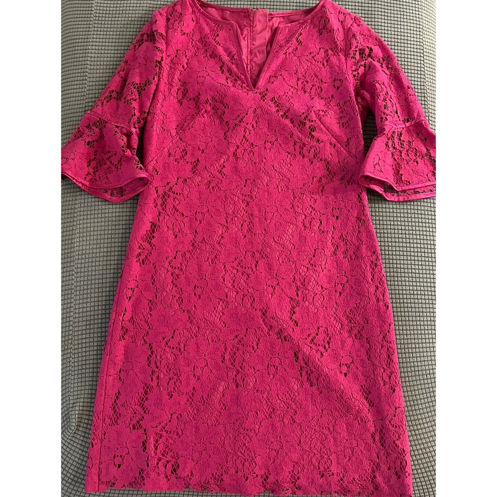 Adrianna Papell Fuchsia Pink Lace Sheath Dress Bell Sleeve Silk Lining Size 2
